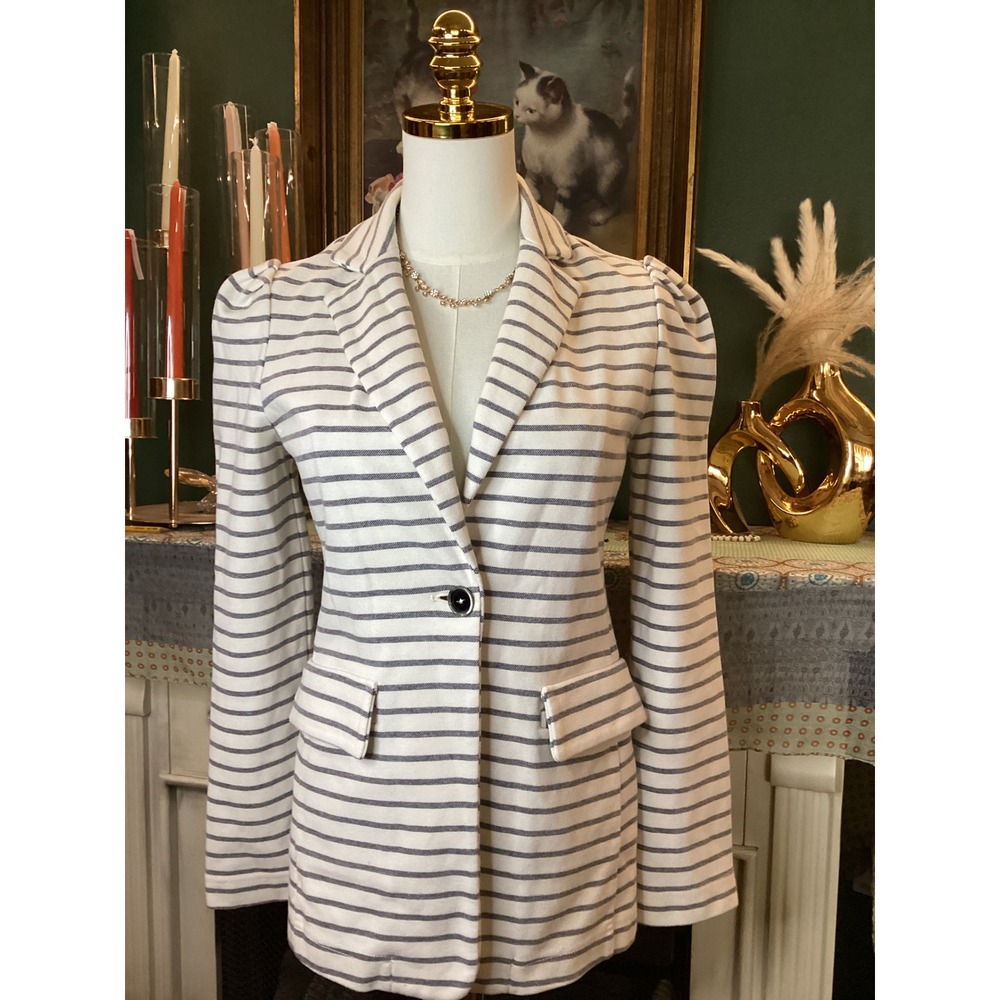 Anthropologie Striped Puff Shoulder Blazer Navy White XS Single Button Jacket